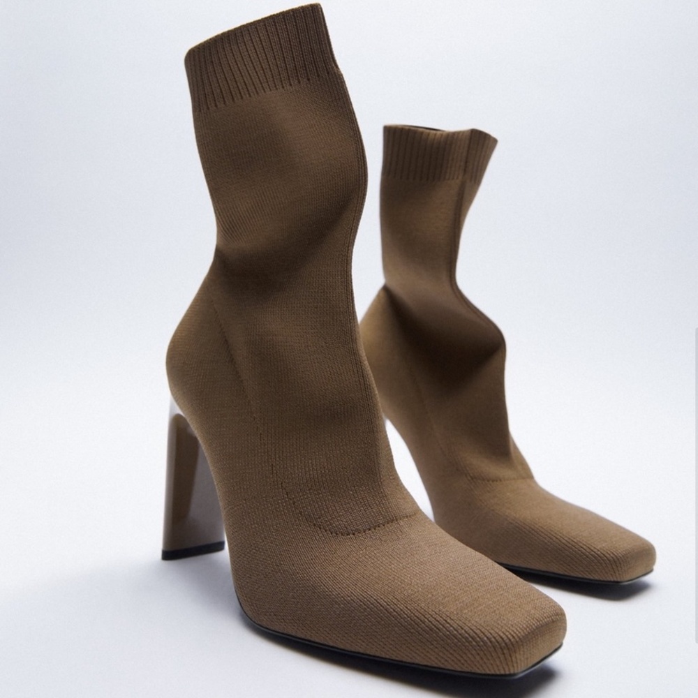 ZARA HEELED SOCK-STYLE ANKLE STRETCHY BOOTS SQUARE TOE BROWN